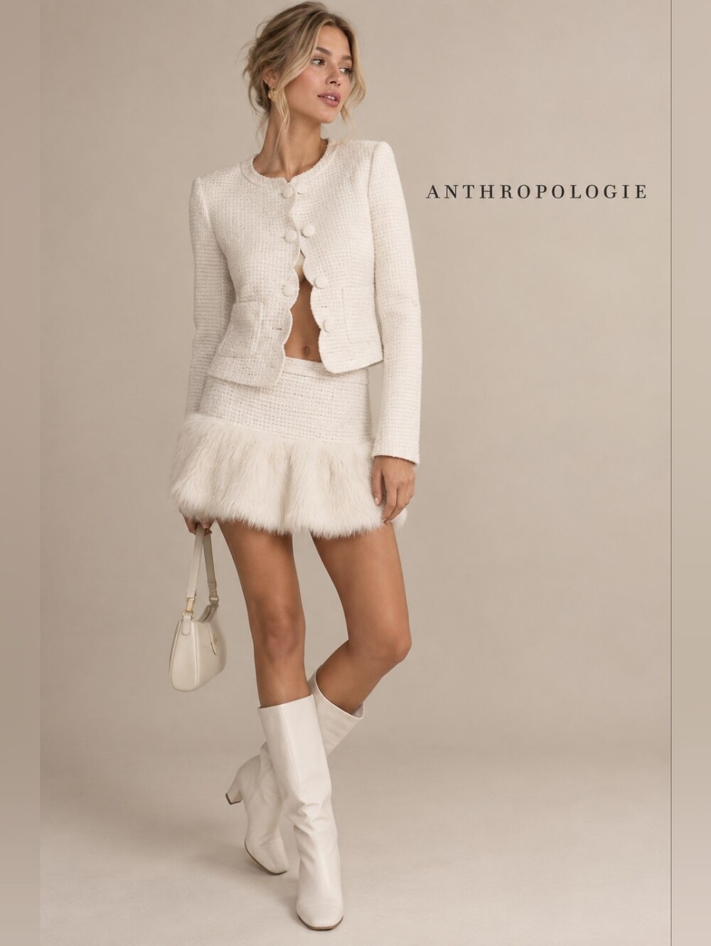 ANTHROPOLOGIE MAEVE New Women’s Twofer Faux Fur Mini Skort 12 Ivory Drop Waist